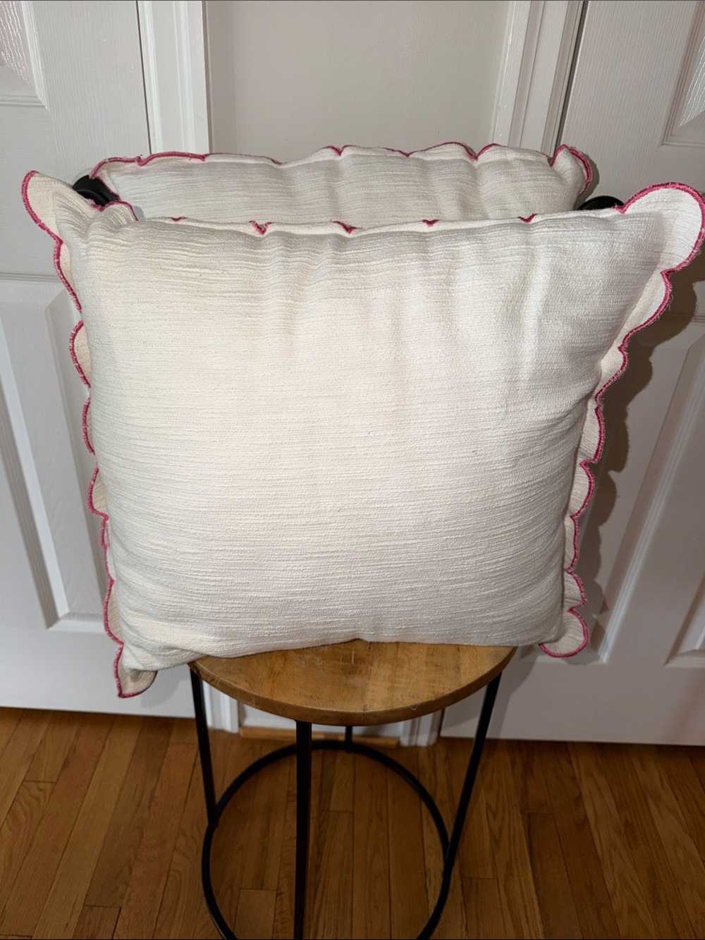 White Decorative Throw Pillows with Pink Scalloped Edge- Set of 2